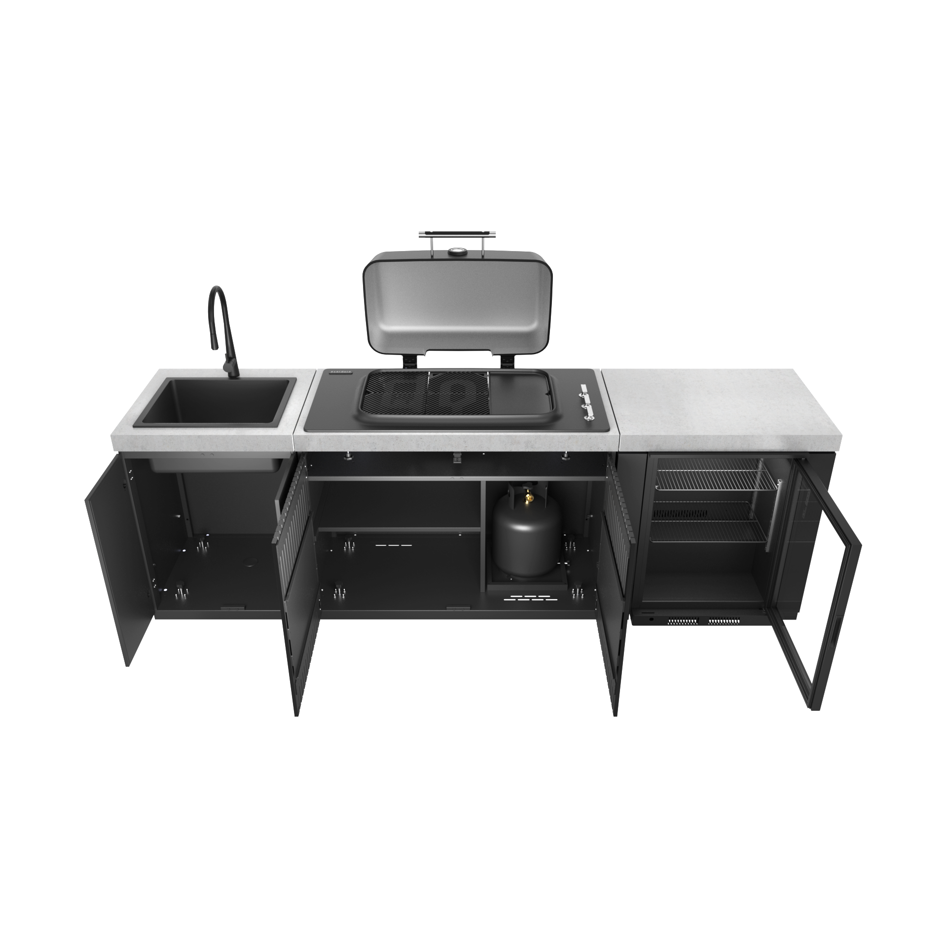 Everdure Seabreeze Outdoor Kitchen with 3 Burner BBQ, Sink & Beverage Cooler (Black)
