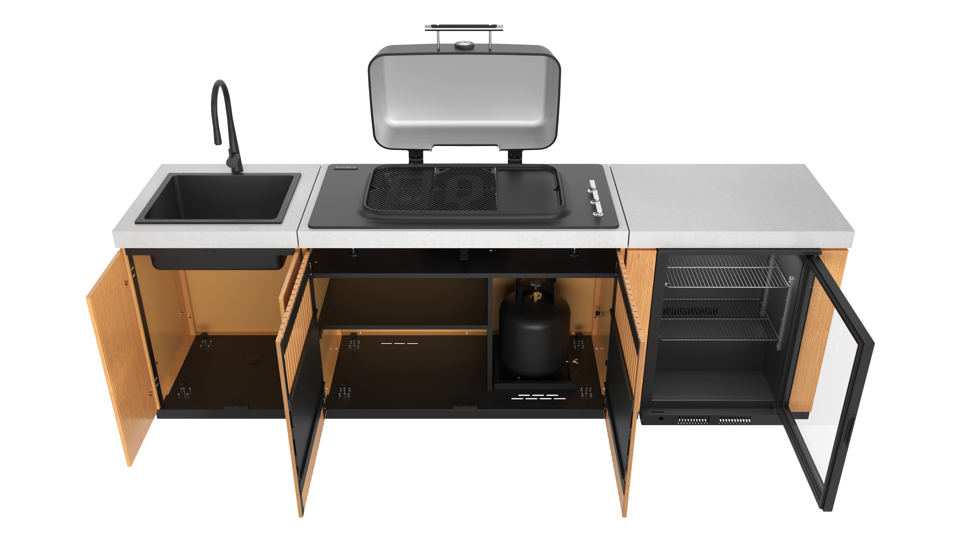 Everdure Seabreeze Outdoor Kitchen with 3 Burner BBQ, Sink & Beverage Cooler (Timber Look)