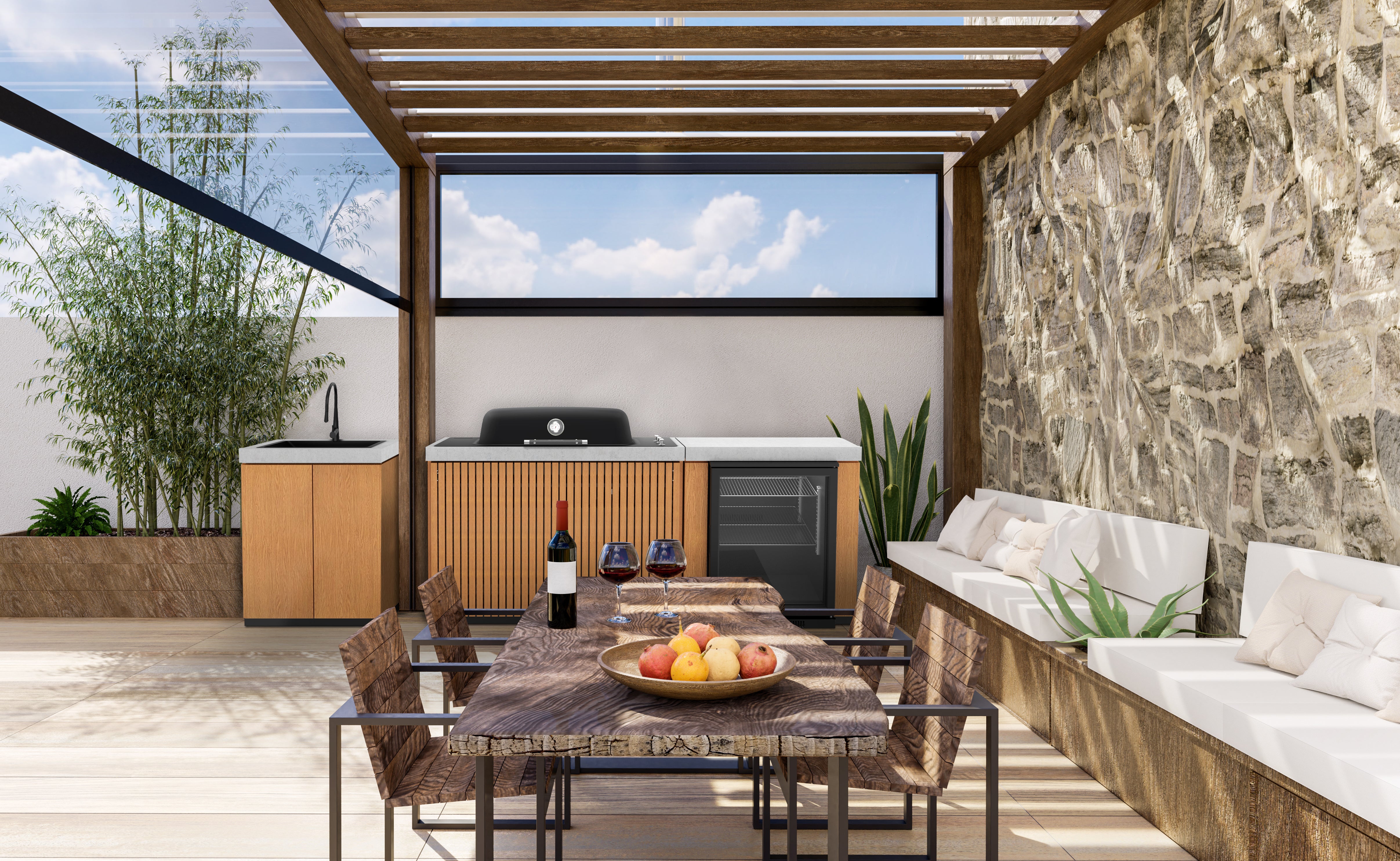 Everdure Seabreeze Outdoor Kitchen with 3 Burner BBQ, Sink & Beverage Cooler (Timber Look)