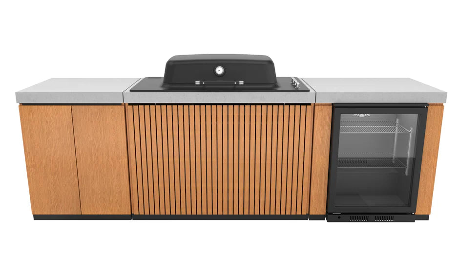 Everdure Seabreeze Outdoor Kitchen with 3 Burner BBQ, Double Door Storage & Beverage Cooler (Timber Look)