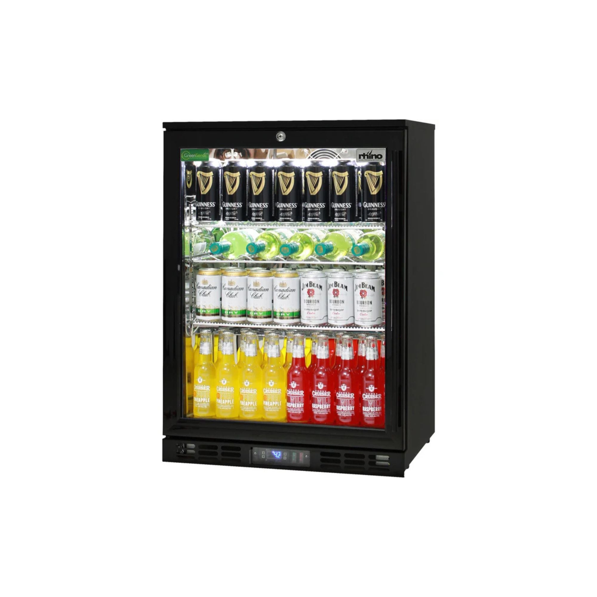 Rhino Black Heated Glass Single Door Bar Fridge (Left Hinge - Right Handle)