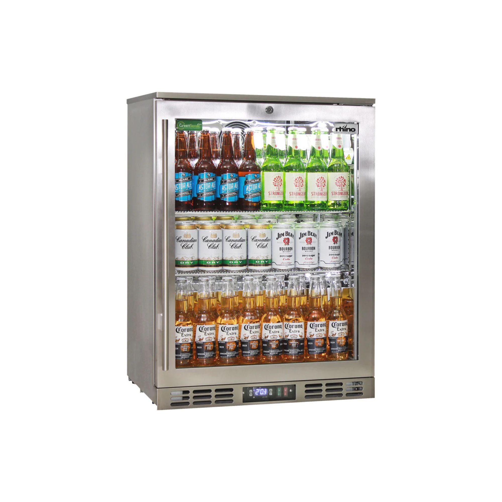 Rhino Stainless Steel 1 Heated Glass Door Quiet Running Bar Fridge (Right Hinge - Left Handle)