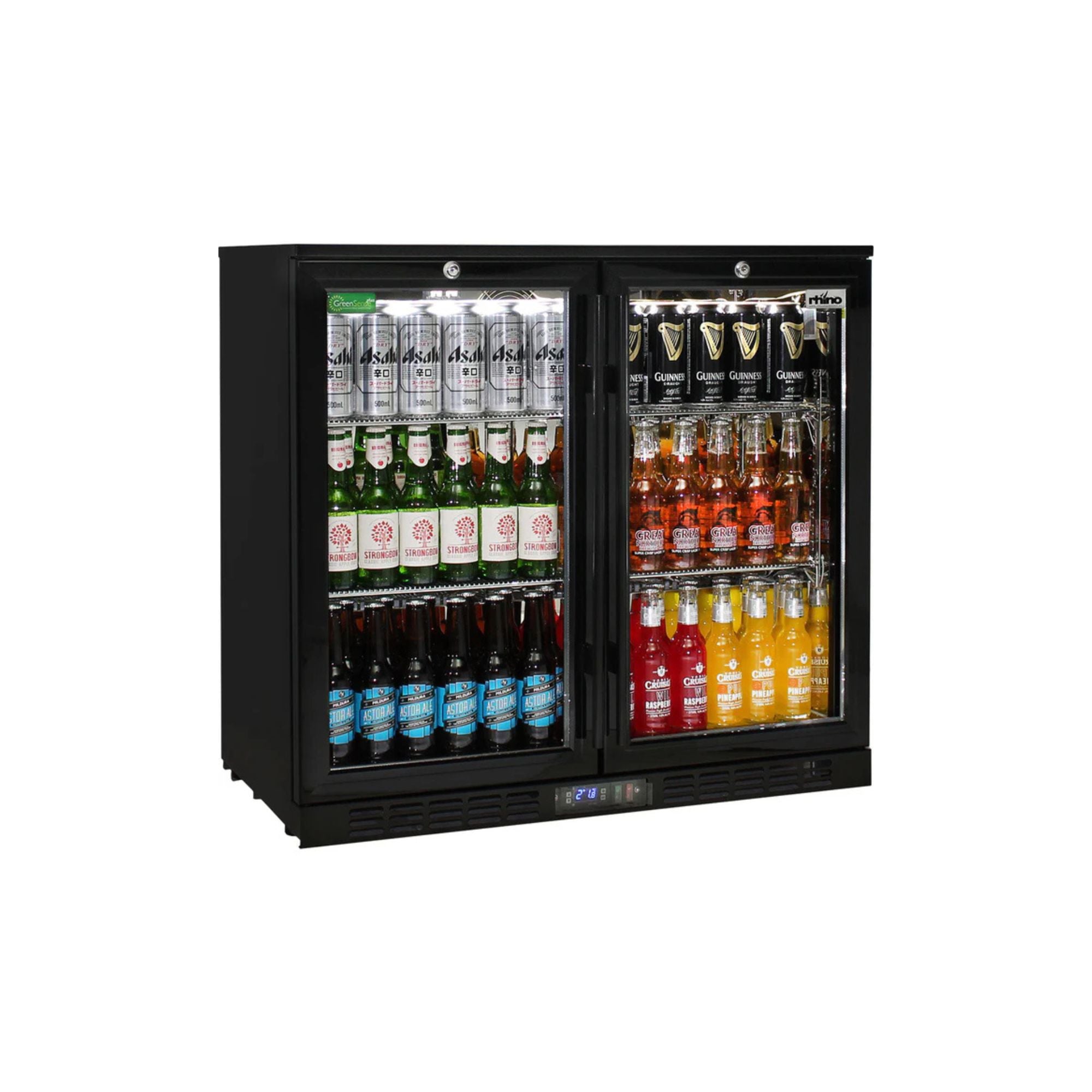 Rhino Black Double Door Quiet Running Heated Glass Bar Fridge
