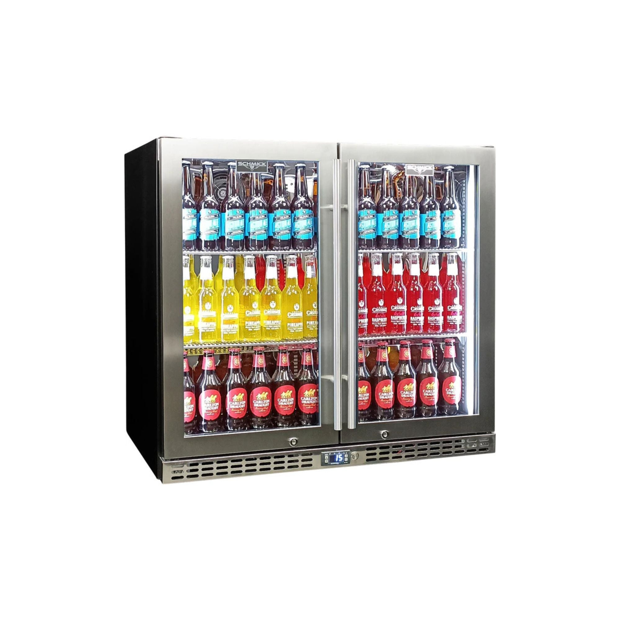 Schmick Twin Door Quiet Running Stainless Steel Heated Glass Door Bar Fridge