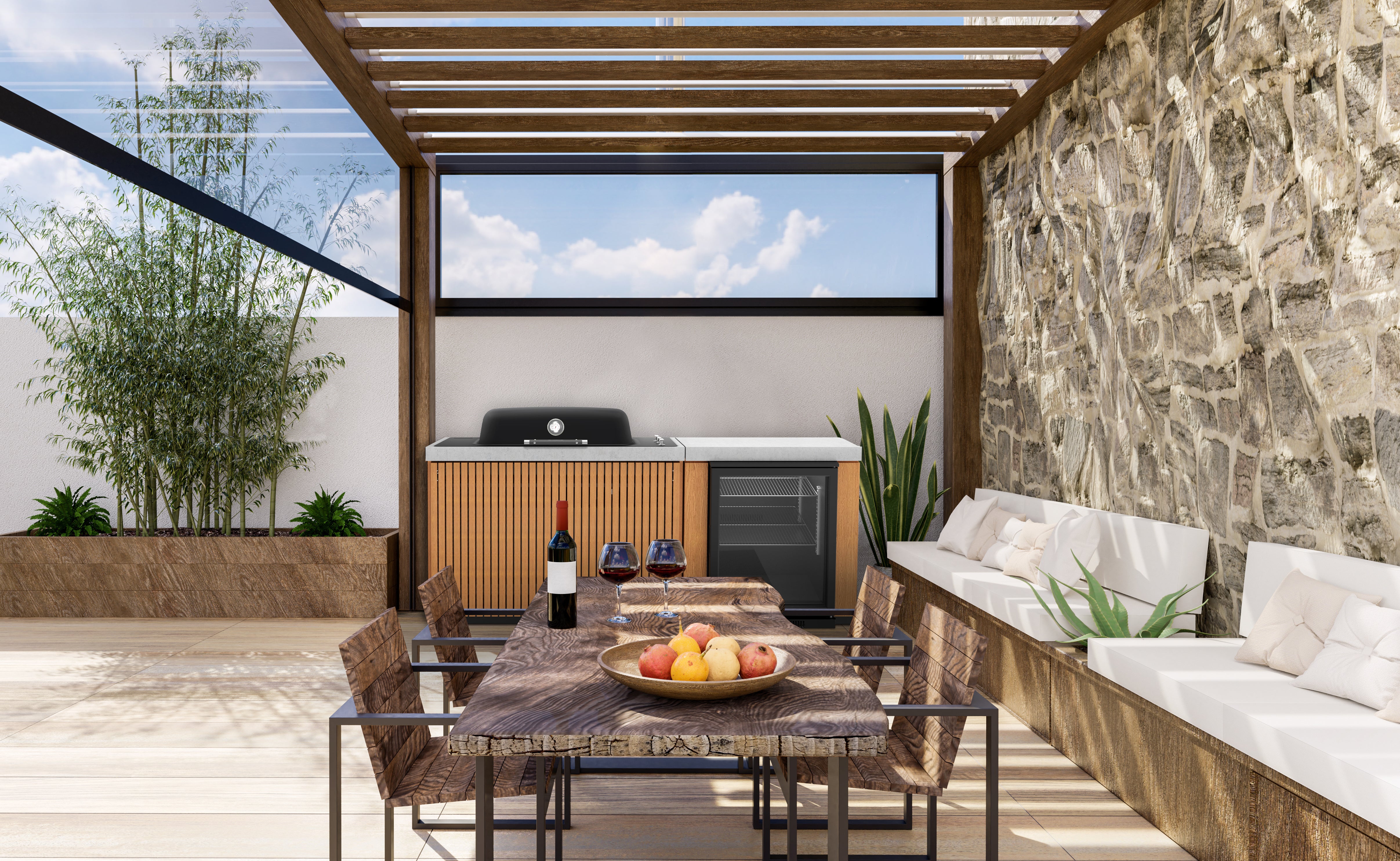 Everdure Seabreeze Outdoor Kitchen with Furnace Built In BBQ & Single Door Beverage Cooler (Timber Look)