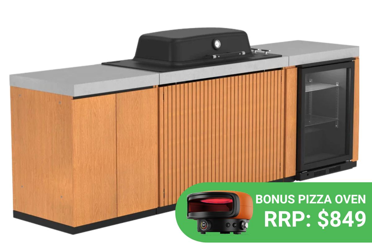 Everdure Seabreeze Outdoor Kitchen with 3 Burner BBQ, Double Door Storage & Beverage Cooler (Timber Look)