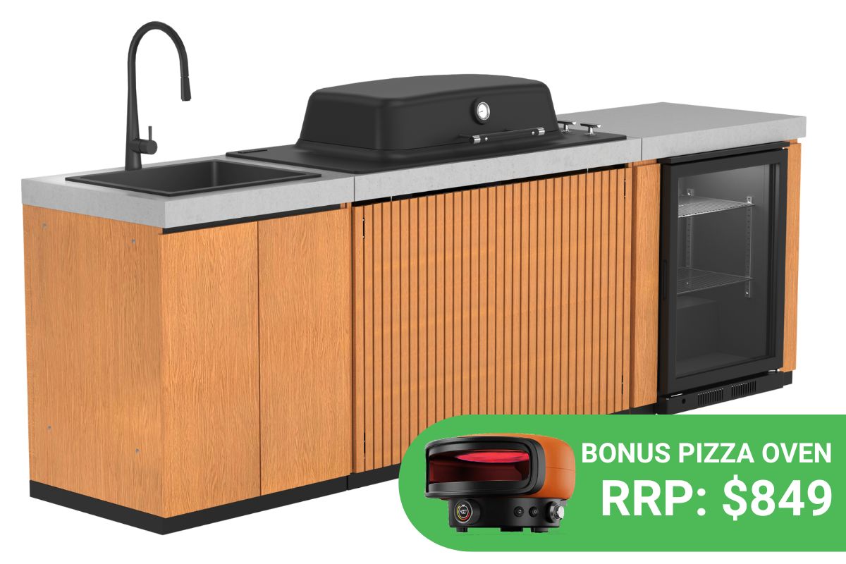 Everdure Seabreeze Outdoor Kitchen with 3 Burner BBQ, Sink & Beverage Cooler (Timber Look)