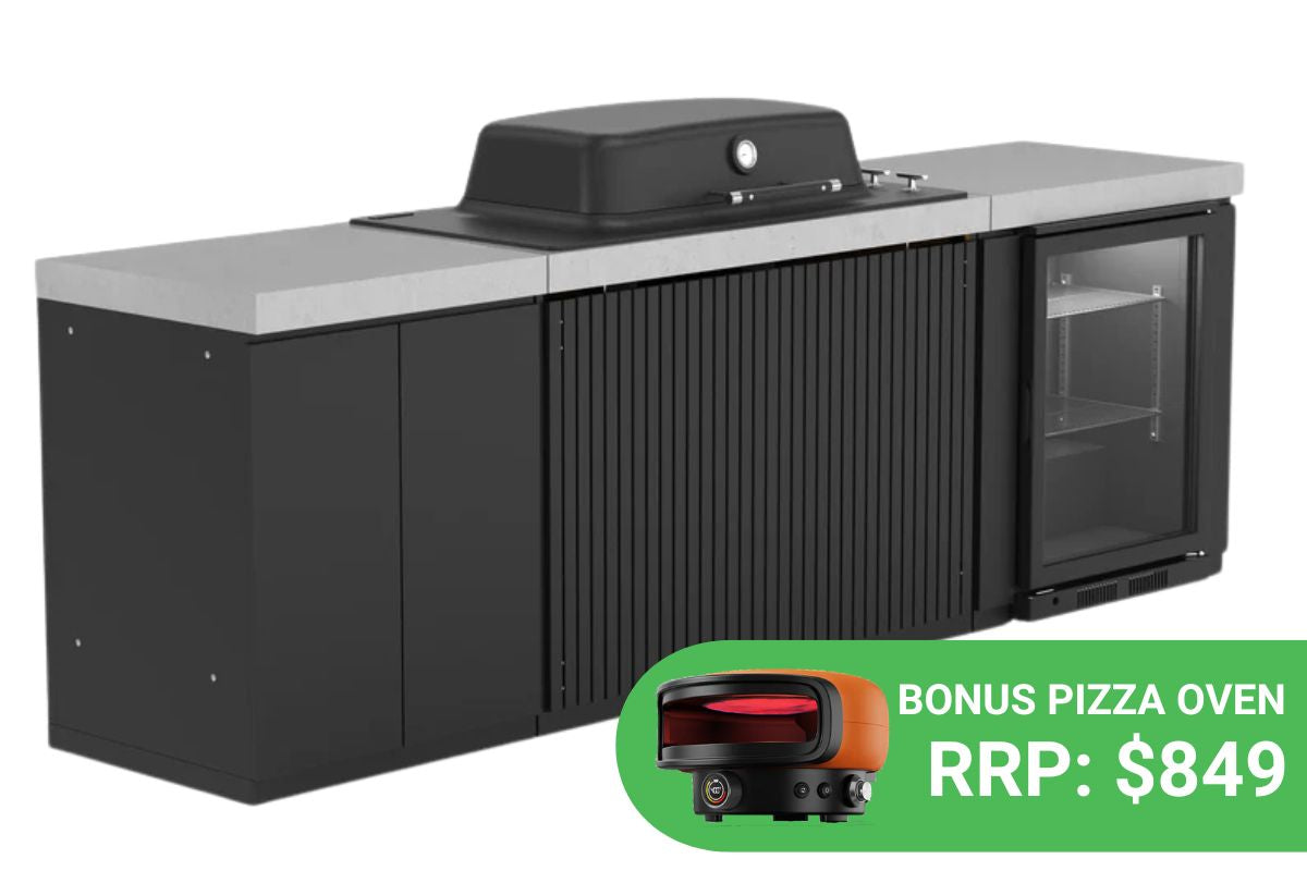 Everdure Seabreeze Outdoor Kitchen with 3 Burner BBQ, Double Door Storage & Beverage Cooler (Black)