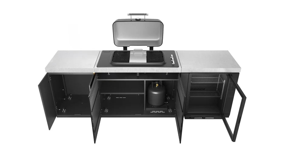 Everdure Seabreeze Outdoor Kitchen with 3 Burner BBQ, Double Door Storage & Beverage Cooler (Black)