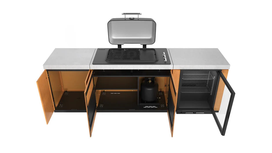 Everdure Seabreeze Outdoor Kitchen with 3 Burner BBQ, Double Door Storage & Beverage Cooler (Timber Look)