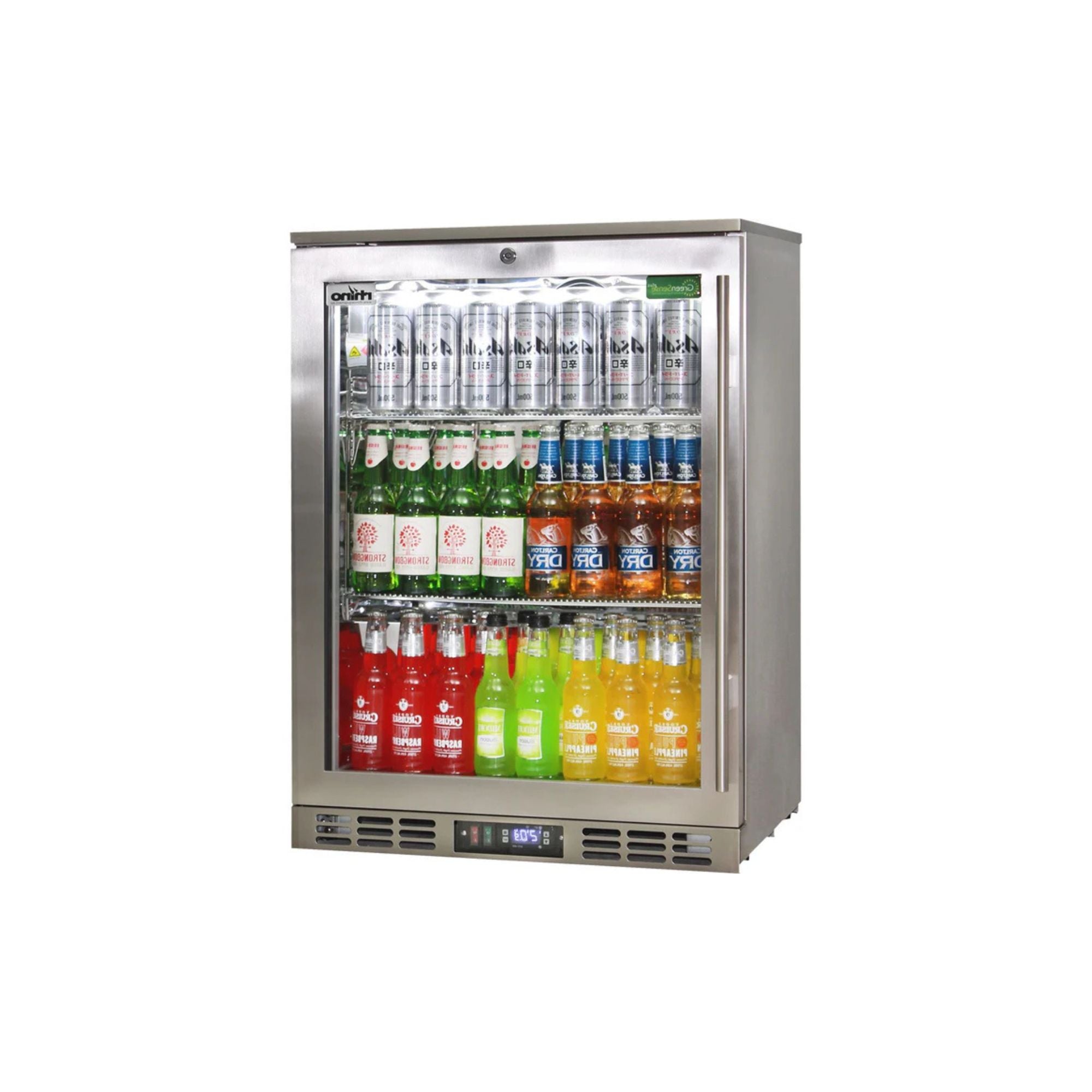 Rhino Stainless Steel 1 Heated Glass Door Quiet Running Bar Fridge (Left Hinge - Right Handle)