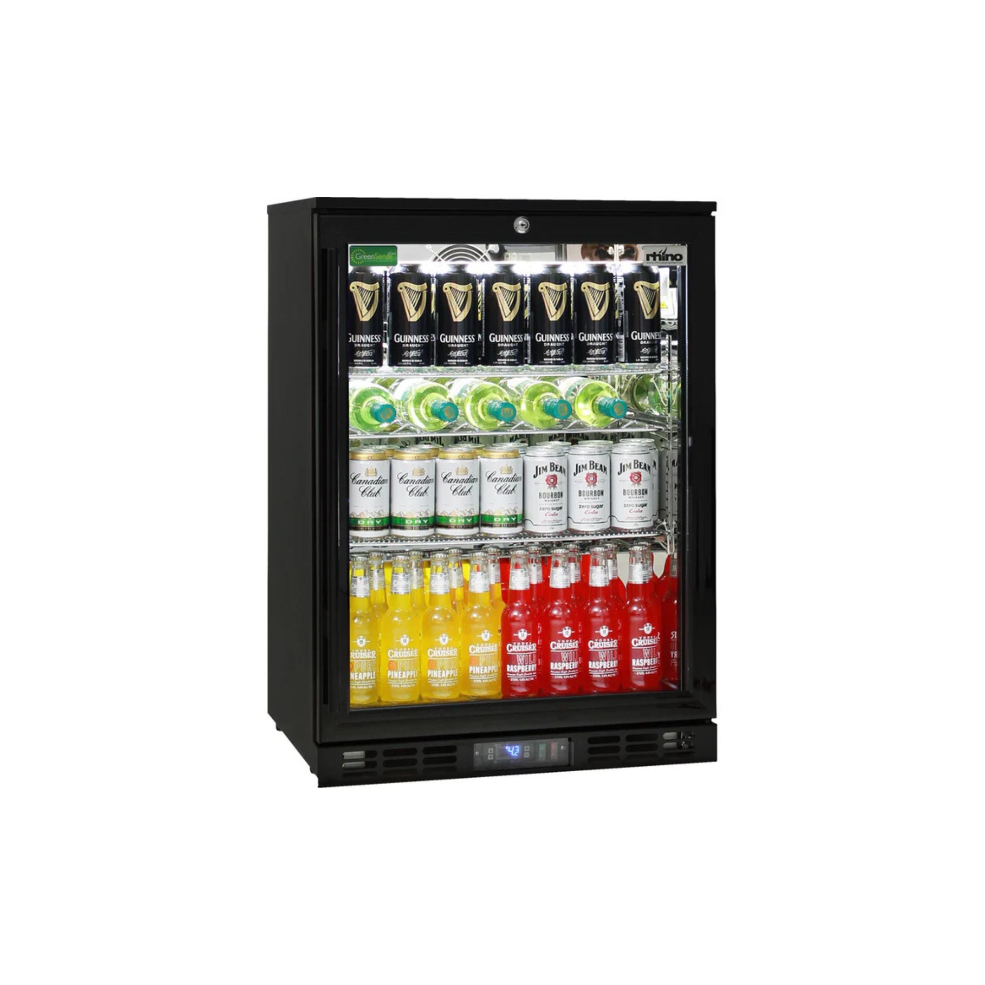 Rhino Black Heated Glass Single Door Bar Fridge (Right Hinge - Left Handle)