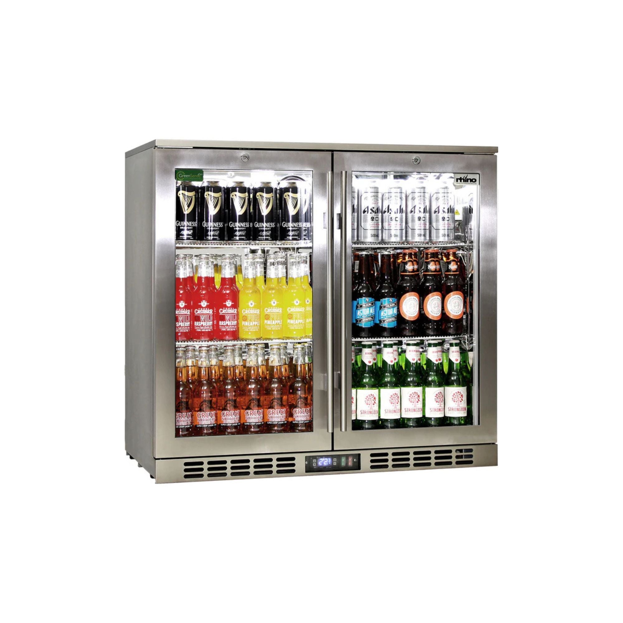 Rhino Stainless Steel Double Door Quiet Running Heated Glass Bar Fridge
