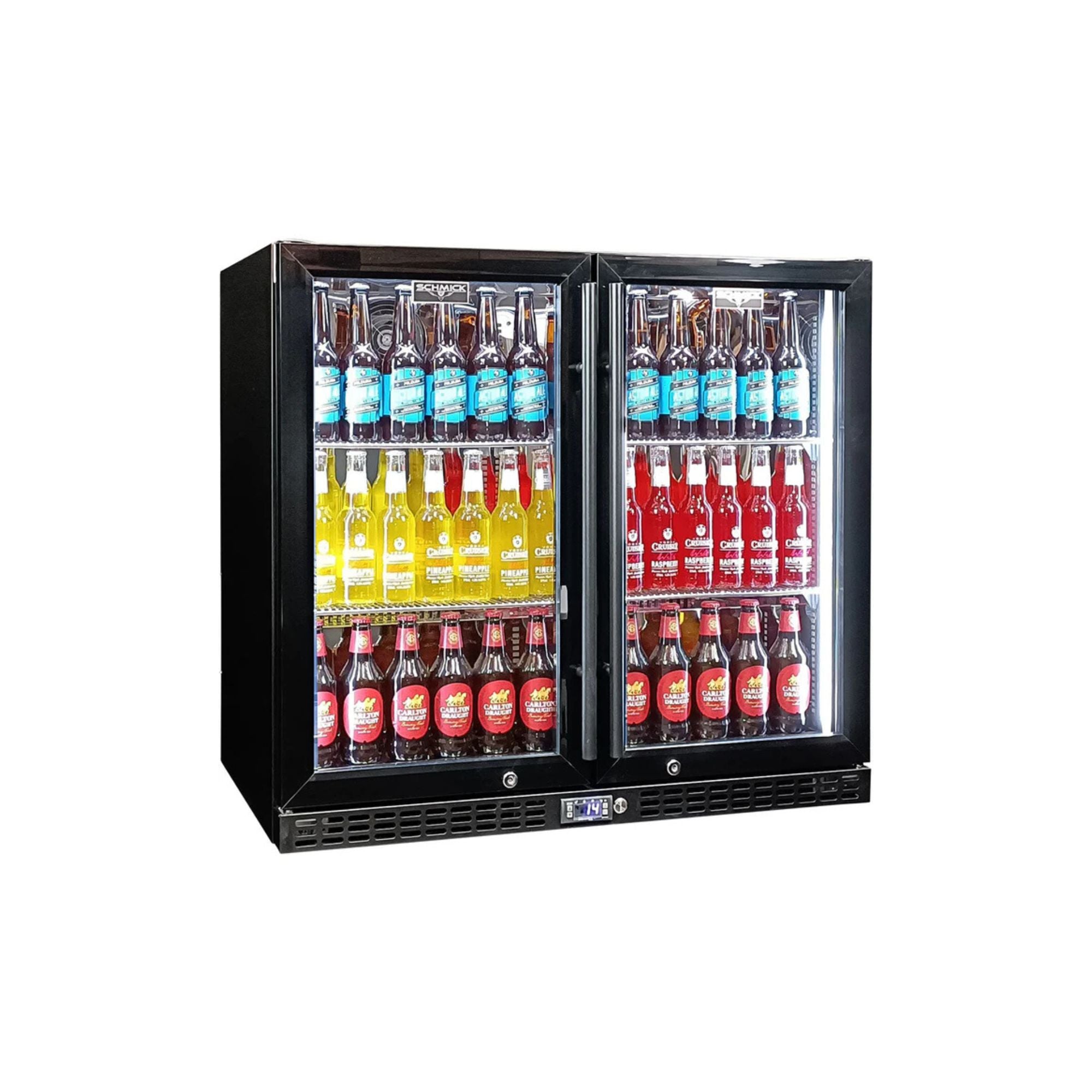 Schmick Twin Door Quiet Running Black Heated Glass Door Bar Fridge